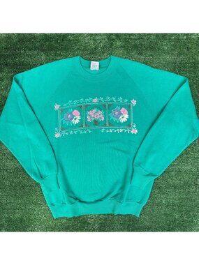 Vintage 80s Cute Pastel Floral Sweatshirt Turquoise Garden Cottage Grandma